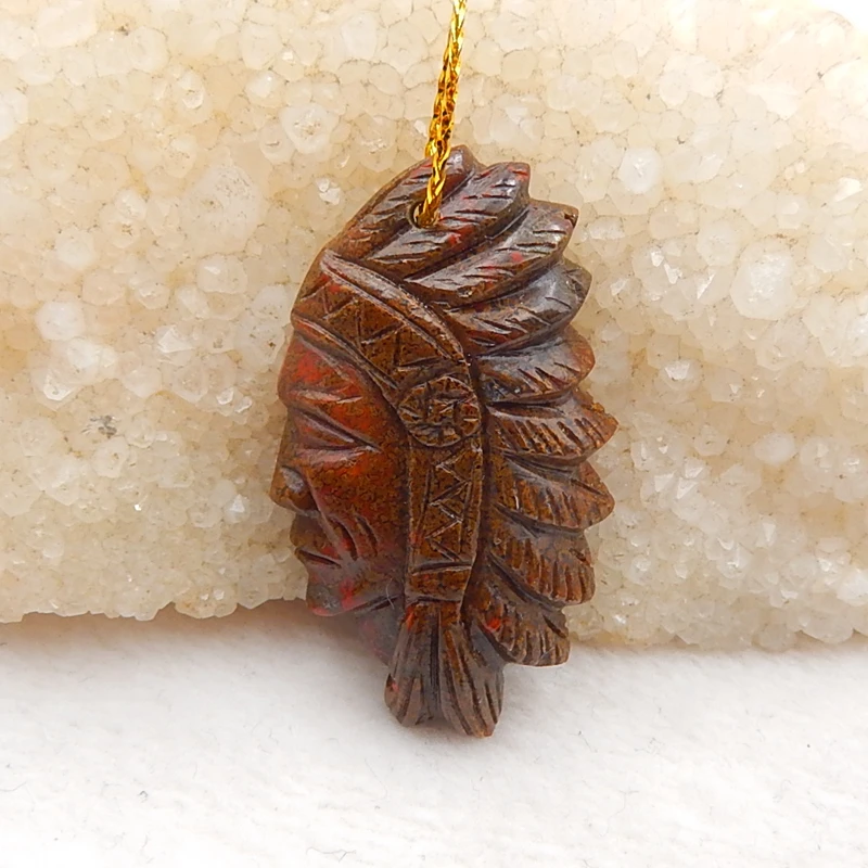 Natural Gemstone Carved Indian head Warring States Red Agate Pendant Bead 46x26x8mm,12.3g