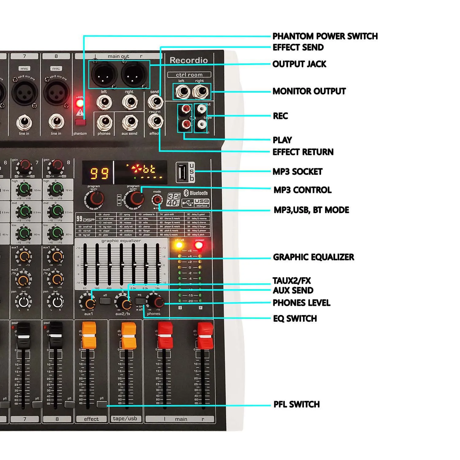 GAX-CY8 USB Blueteeth 8 Channel 48V Phantom Power Sound Board Music Reverb Audio Console Mixer For PC Stage Studio DJ