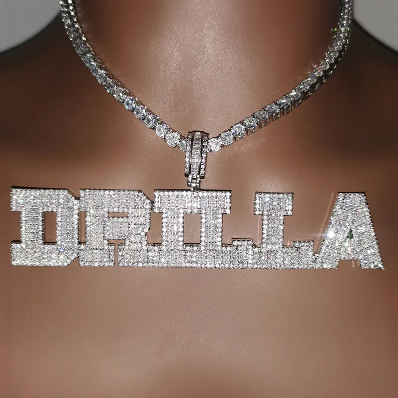 Custom Name Necklace AAAA Zirconia Baguette Letters Chain Pendant Necklaces For Men Women Hip Hop Jewelry