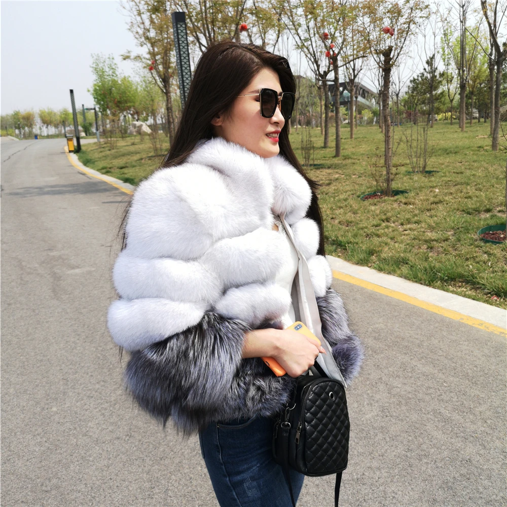 Real Fox Fur Coat for Women, Silver Fox Fur Coat, Short Jacket with Zipper, Genuine Leather, Female Winter Jacket,