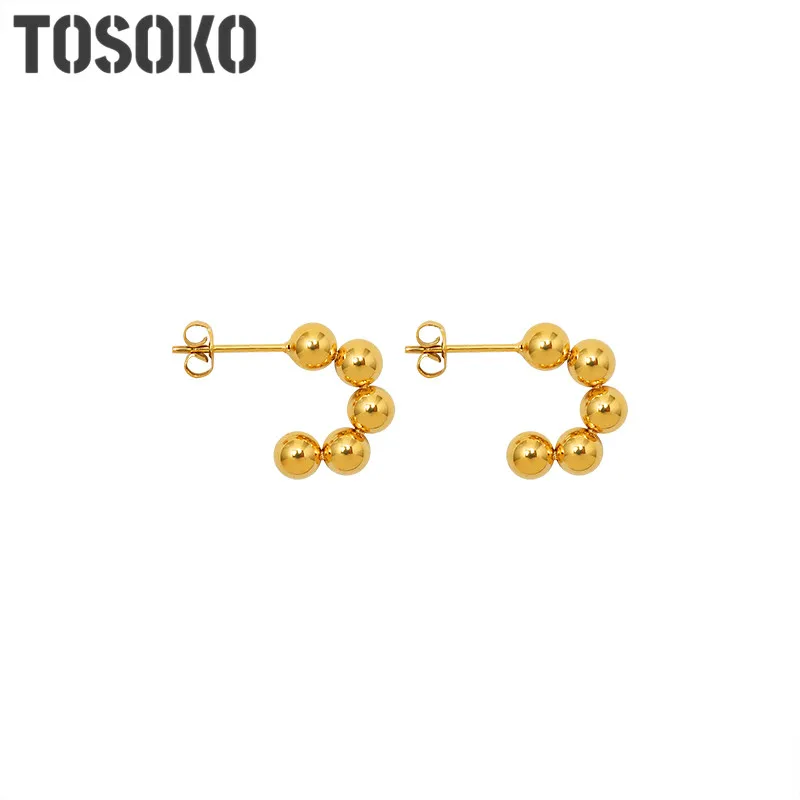 

TOSOKO Stainless Steel Jewelry Retro Small Round Bead Splicing C-Type Earrings Women's Fashion Earrings BSF402