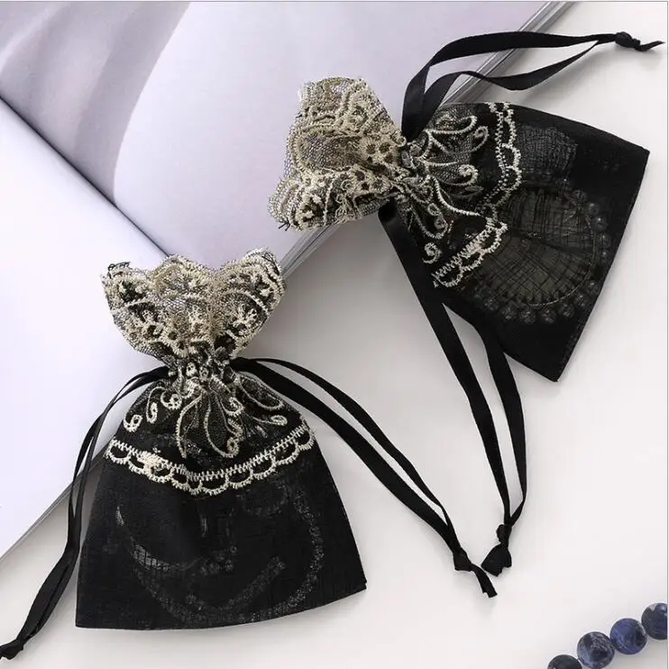 

10pcs Black Gold Lace Drawstring Bag Jewelry makeup Pouches Gift box Wedding Party Favors Packing Packaging organza Bags