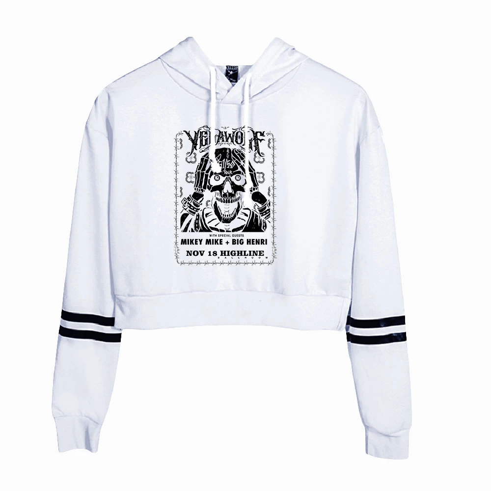 Yelawolf Thời Trang Crop Khoác Hoodie Nữ Có Mũ Áo Thun Chui Đầu Crop Top Bán Giày Dạo Phố Quần Áo