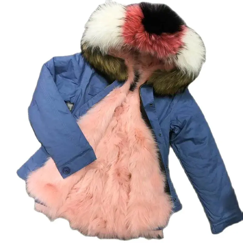 Parka de piel de zorro a la moda para mujer, abrigo forrado de color rosa con Cuello de piel de mapache, bonito y colorido