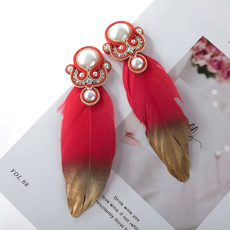 

Fashion Charm Handmade big feather earrings Soutache Ethnic Jewelry women pearl decorative Exaggerated long earring gift