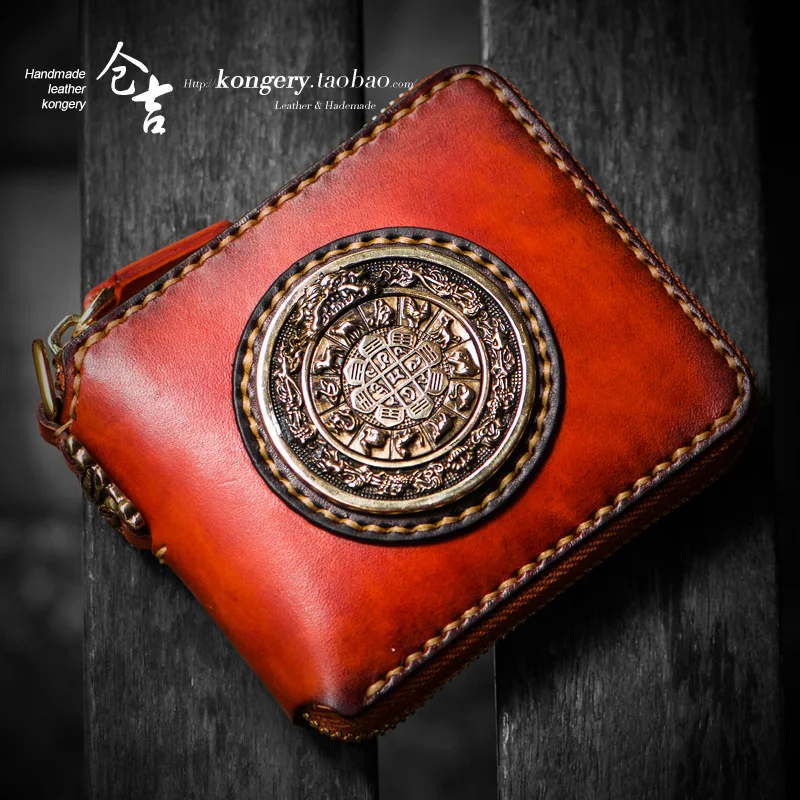 ★Cangji handmade top leather wallet men's short zipper bag retro personalized wallet leather folding Wallet