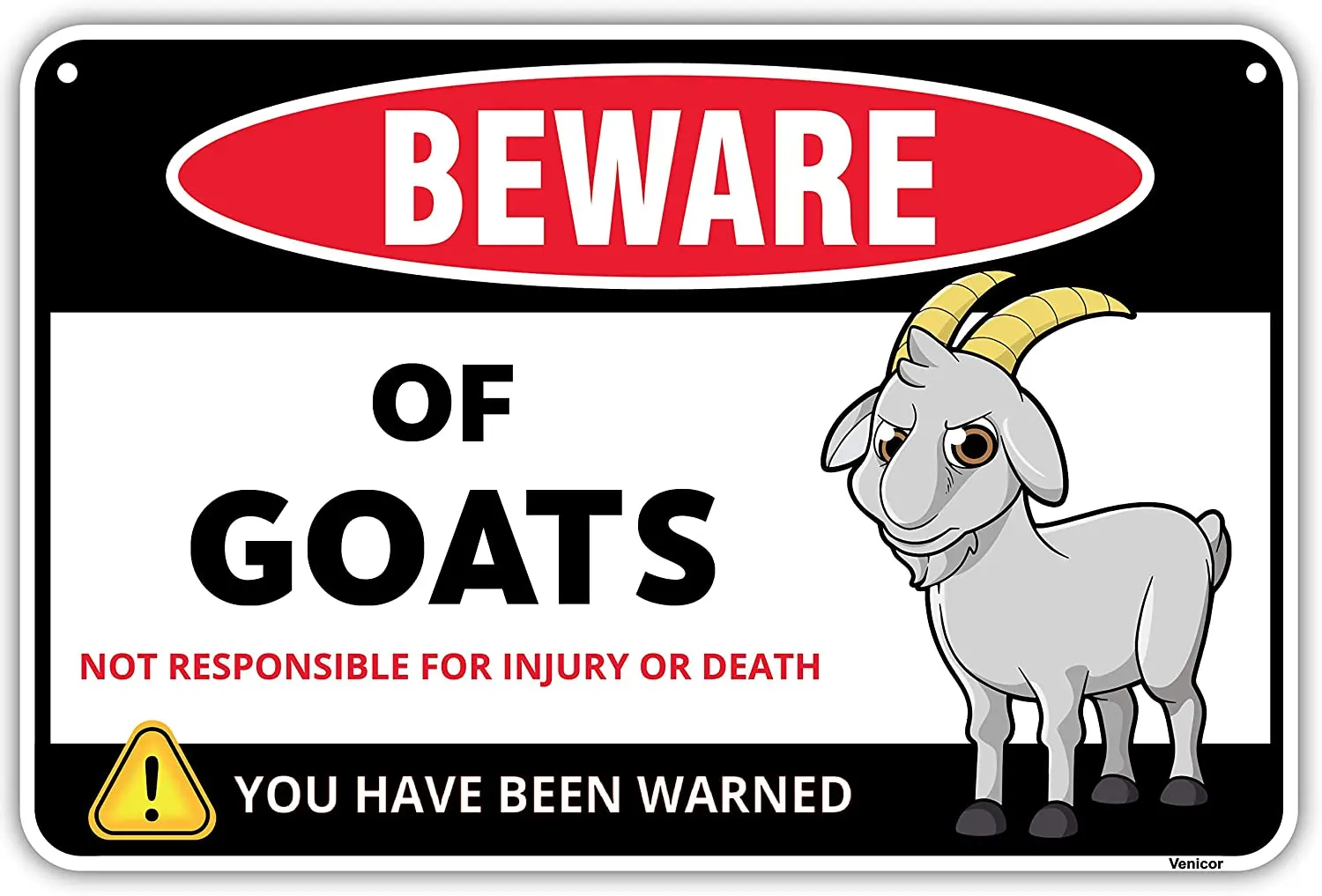 Venicor Beware of Goats Sign - 8 x 12 Inches - Aluminum - Goat Decor Wall Art - Goat Gifts for Goat Lovers - Goat Supplies Hay