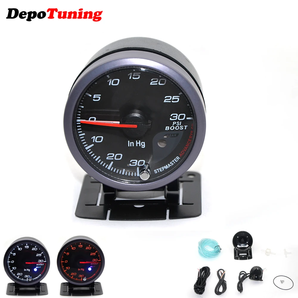 DepoTuning 60MM Black Face Boost turbo/Water/Oil temp/Oil press/Voltmeter/Air fuel Ratio/ Exhaust gas temp/tachometer gauge Dual