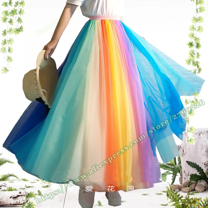 

2021 Plus Size Summer Bew Fashion Gauze Mesh Stitching Rainbow Neon Fluffy Fairy fluffy Tutu Long Maxi Skirts for Womens