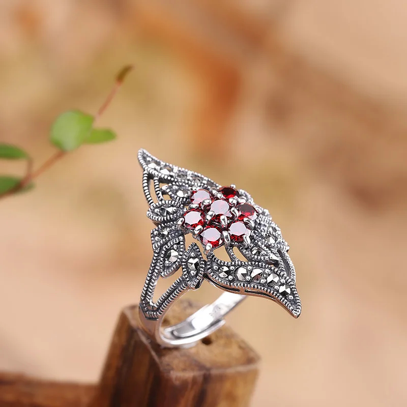 Uglyless Tempting Garnet Red Flower Rings for Women Marcasite Rhombus Wide Open Rings 925 Silver Thai Silver Fine Jewelry R860 - view 3