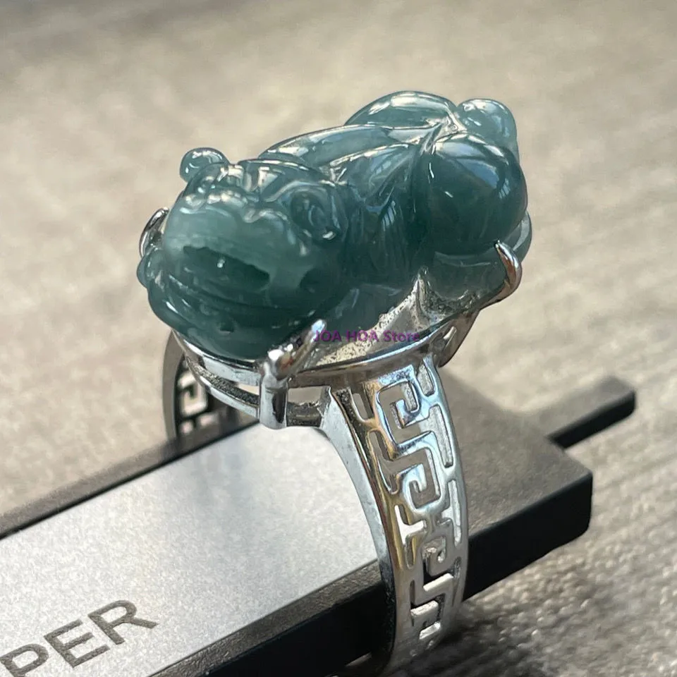 

S925 Silver Inlaid Jade HandRing Natural Oil Cyanblue Ring Handcarved China Beast Pixiu Exquisite Jewelry Perfect Holiday Gift