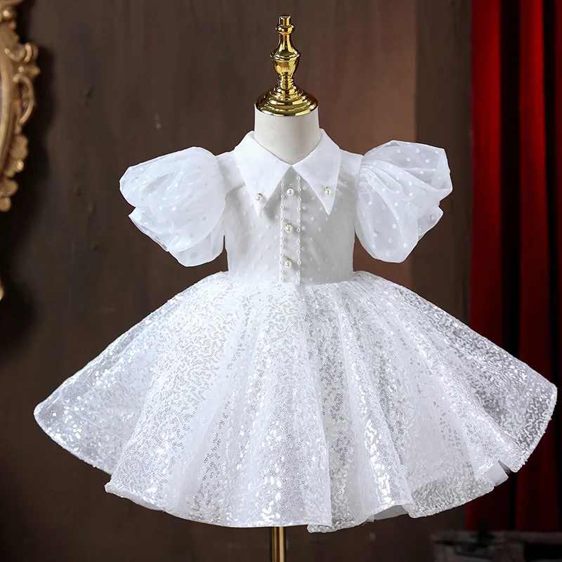 Girls White Elegant Tutu Skirt Prom Piano Performance Model Catwalk Costume Christmas First Birthday Baby Christening Dress