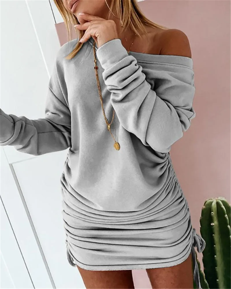 New Dresses Women Mini Dress Ladies Casual Women\'s Dress Sexy Drawstring Pleated Long Sleeve Party Dress Sukienka