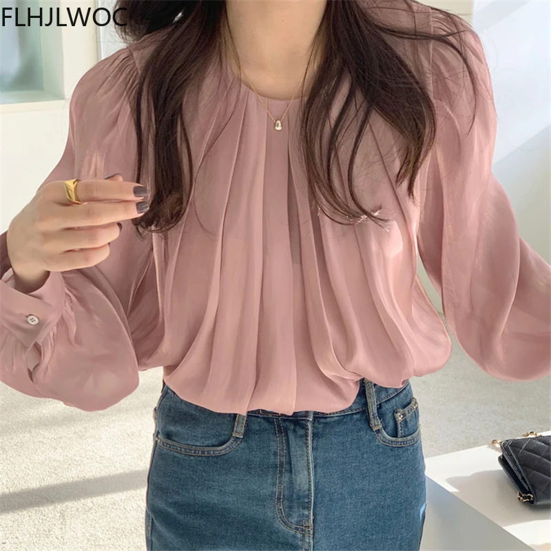 Pink Korea Chic Tops Blusas Flare Sleeve Casual Solid Cute Sweet Girls Lady Shirts Flhjlwoc Fashion Women Blouses