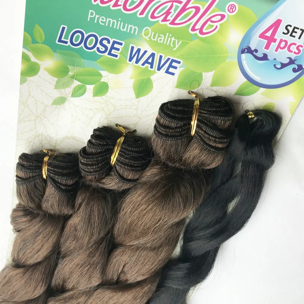 Bundel Rambut Sintetis Menggemaskan dengan Jalinan Gratis 3 IN 1 Gelombang Longgar 4 Buah 220G Ombre Warna Dua Warna Suhu Tinggi Serat Tenun