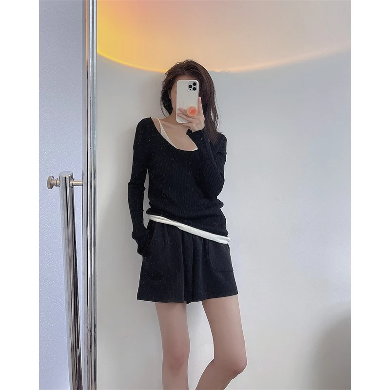 LMQ NEW Women Off Shoulder Fake Two Pieces Of Thin Knitted Pullovers Patchwork With Clavicle Exposed All-Match Solid Tops Chic