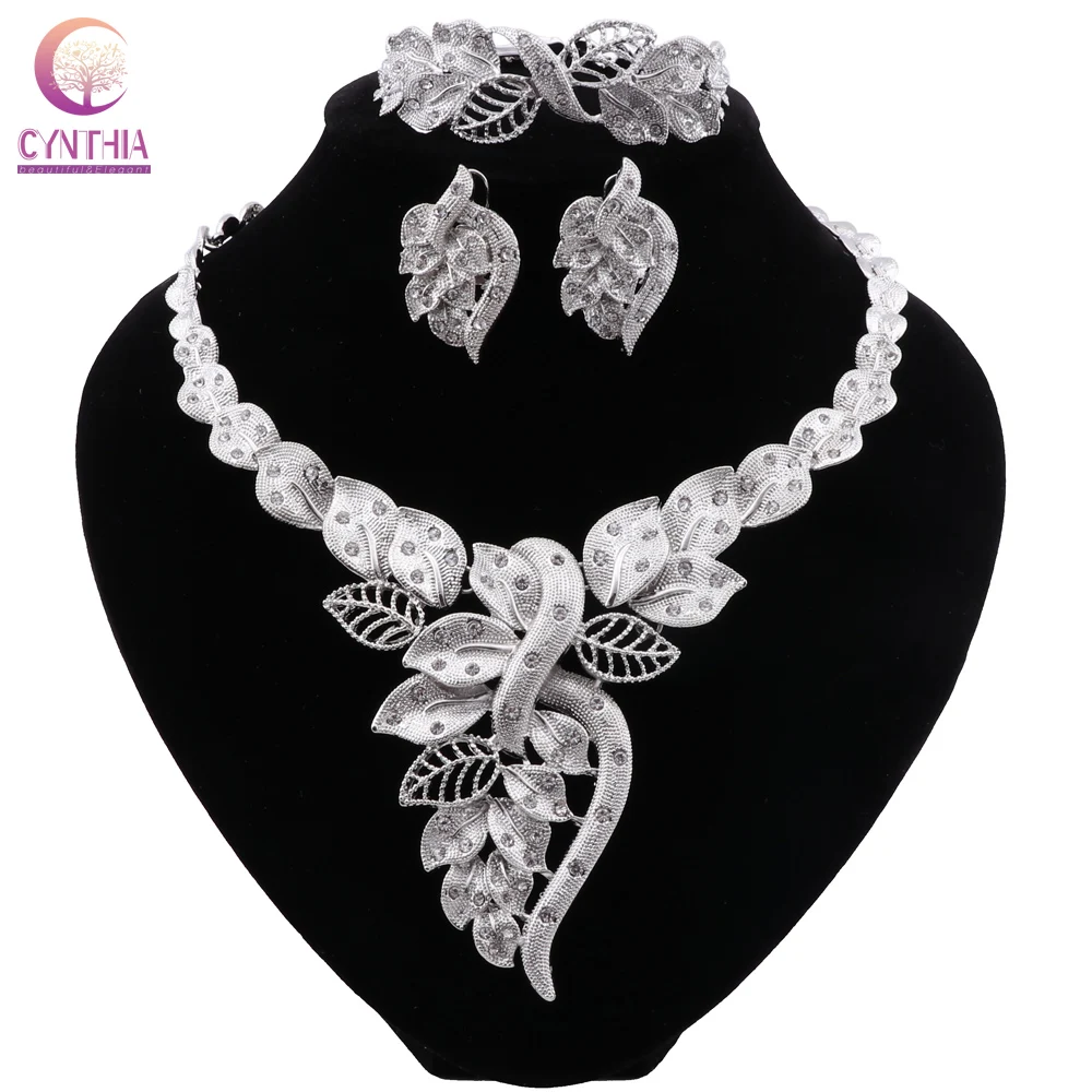 CYNTHIA Dubai Silver Plated Fashion Bridal Wedding Necklace Bracelet Earrings Ring Indian Jewelry Set for Women