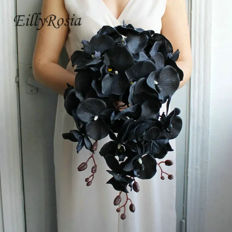 Waterfall Gothic Wedding Bouquet de Mariage Black Phalaenopsis Orchid Cascade Bridal Bouquet for Bride Wedding Accessories