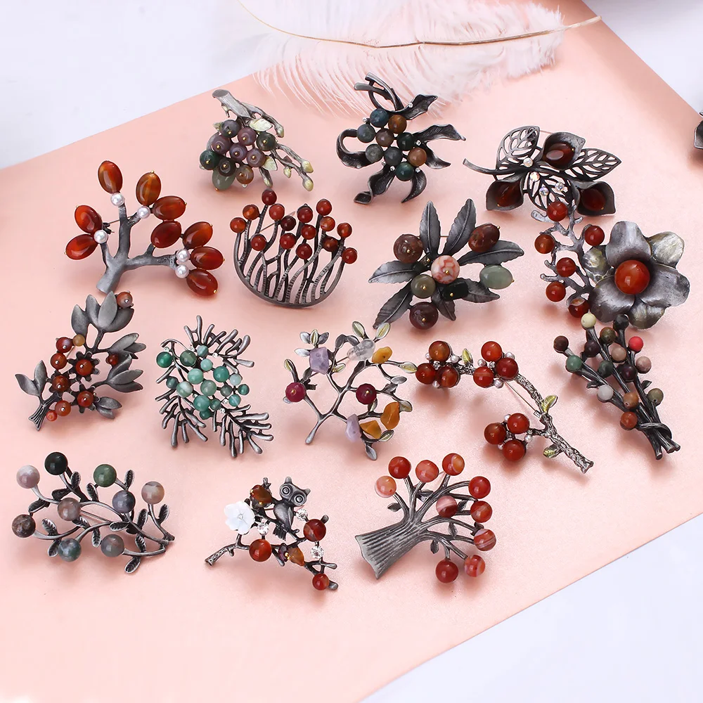 FARLENA Jewelry Natural Stone Tree Brooches for Women Vintage Red green stone pendant pin brooch