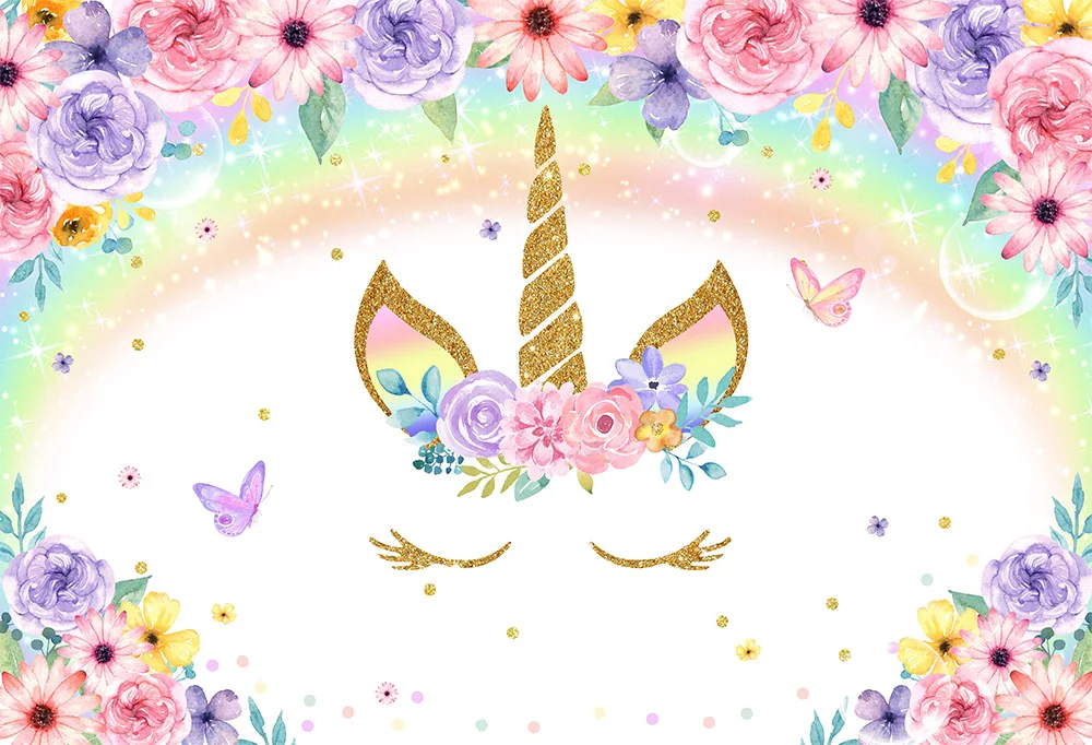 Fondo de unicornio con tema de feliz cumpleaños, Fondo de foto Floral, arcoíris, unicornio, niña, cumpleaños, Baby Shower, decoración de fiesta