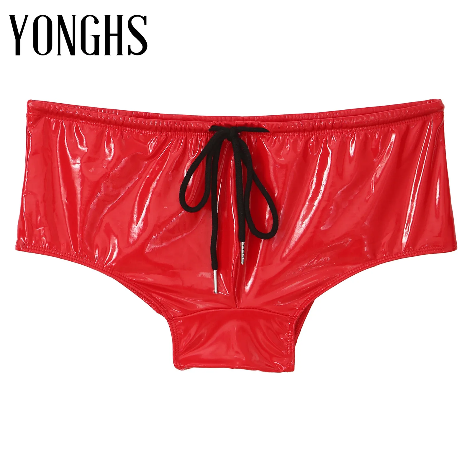 

Black Mens Wet Look Patent Leather Boxer Shorts Pole Dancing Performance Costumes Male Low Rise Drawstring Hot Shorts Swimwear