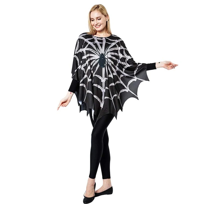 Eraspooky-Poncho de Cosplay de telaraña negra para mujer, disfraz de Halloween para adultos, capa de araña estampada de miedo, vestido de lujo