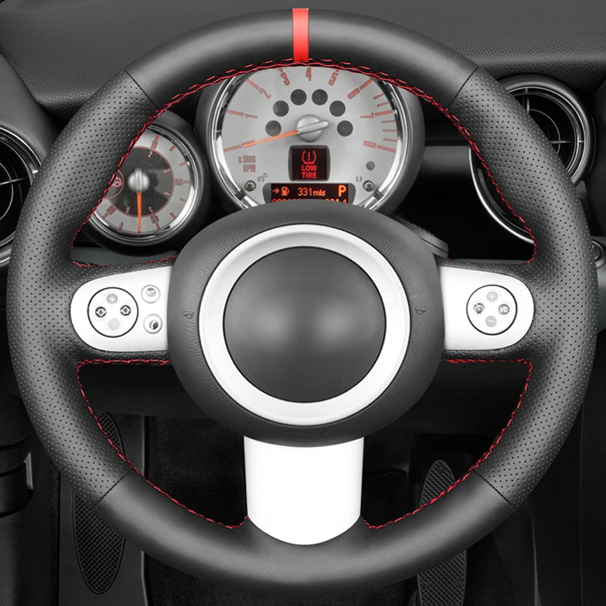 Black Faux Leather Red Marker Car Steering Wheel Cover For Mini(Hatchback/Mini R50/R52/R53) 2001-2006 Convertible 2004-2008