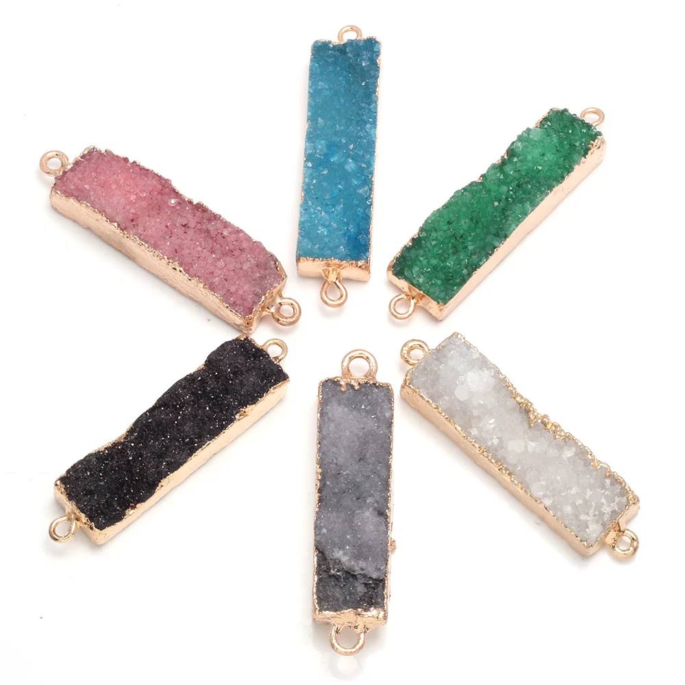 Natural Stone Agates Pendants Connectors Rectangular Multi-color Crystal Teeth Double Hole for Making DIY Necklace or Jewelry