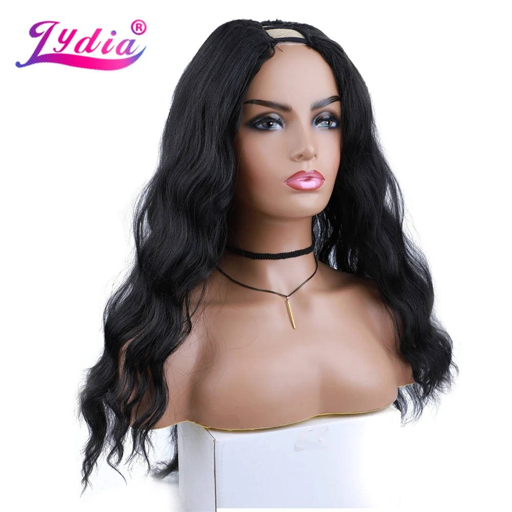 Lydia Long Wave U Teil schwarze Farbe Haar Perücke hitze beständige synthetische 22 Zoll für Frauen Damen lockige 60cm tägliche Perücken – Detail 7