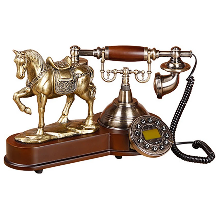 Retro Button Dial Corded Phone Telephone with 3D Horse Model, Caller ID, Screen Blue Light, Handsfree, Calendar for Home Office