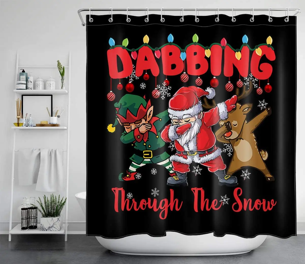 Cartoon Santa Claus Reindeer and Snowflake Christmas Balls on Black Background Shower Curtains