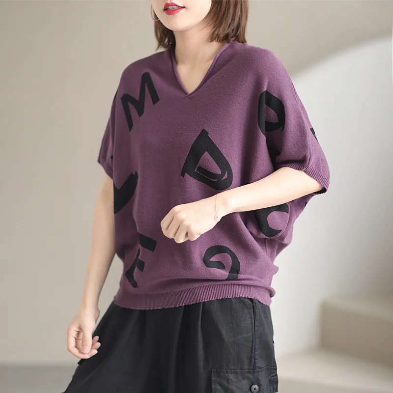 Max LuLu Korean 2021 Design Summer Women V-Neck Knitted Tshirts Ladies Loose Short Sleeve Purple Tee Girl Letters Printed Tops