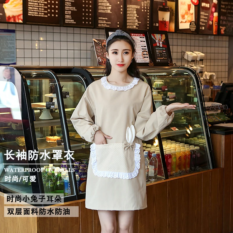 Apron female fashion home cute kitchen with sleeves Korean version waterproof and oil proof princess full body customization