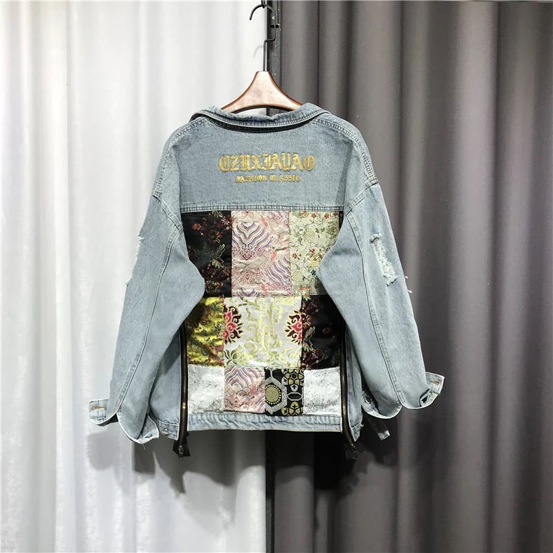 Fashion Vintage Loose Patch Hole Jeans Jacket Female Spring Autumn 2024 Casual Blue Single-breasted Long-sleeve Denim Jacket