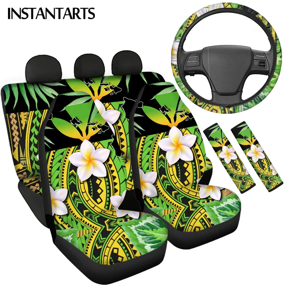 

Polynesian Tribal Hibiscus Flower Pattern Car Front/Back Seat Covers Washable Steering Wheel Protector Soft Seatbelt Cover Trend