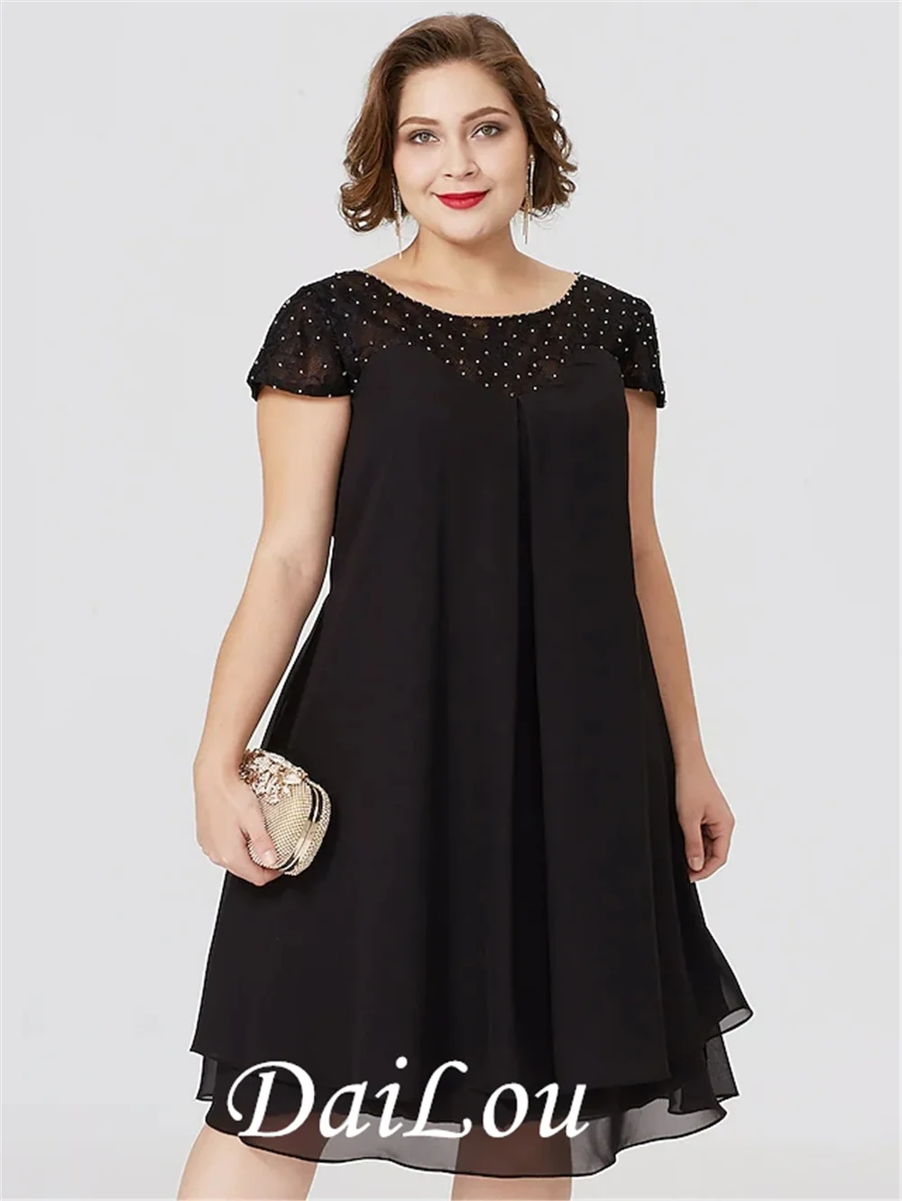 Petite robe noire en mousseline de soie, grande taille, col transparent, longueur aux genoux, dentelle, manches courtes avec plis, perles, 2021