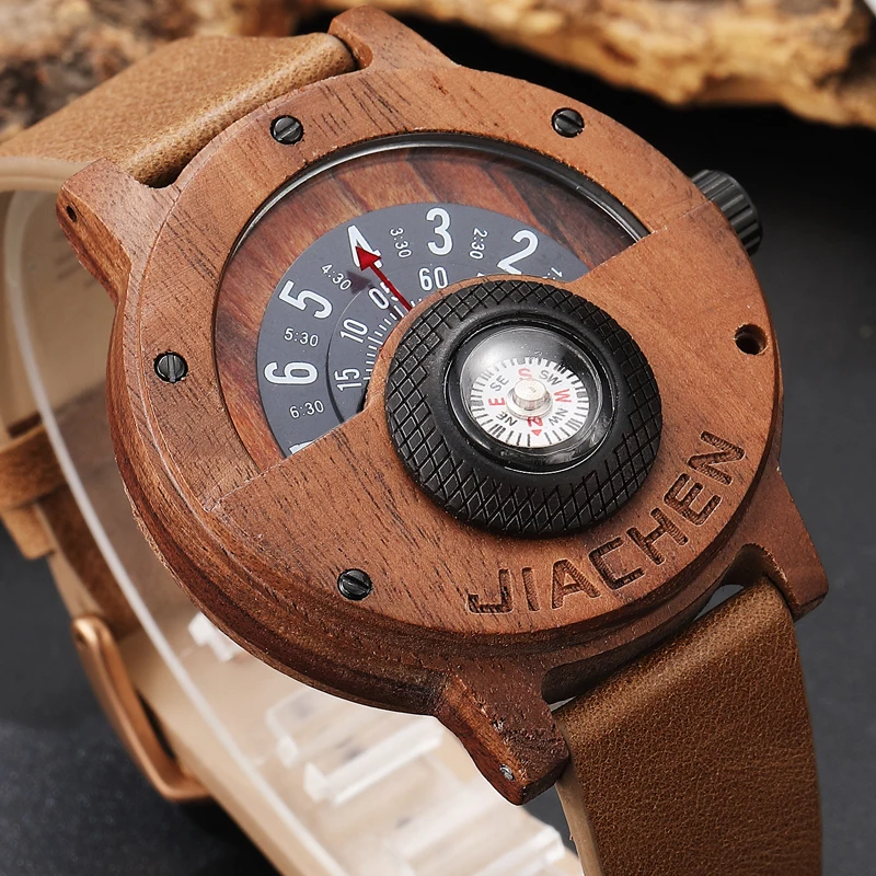 Men Wood Bamboo Watch Unique Turntable Dial  Male Military Watches Compass Quartz Watch With Leather Band