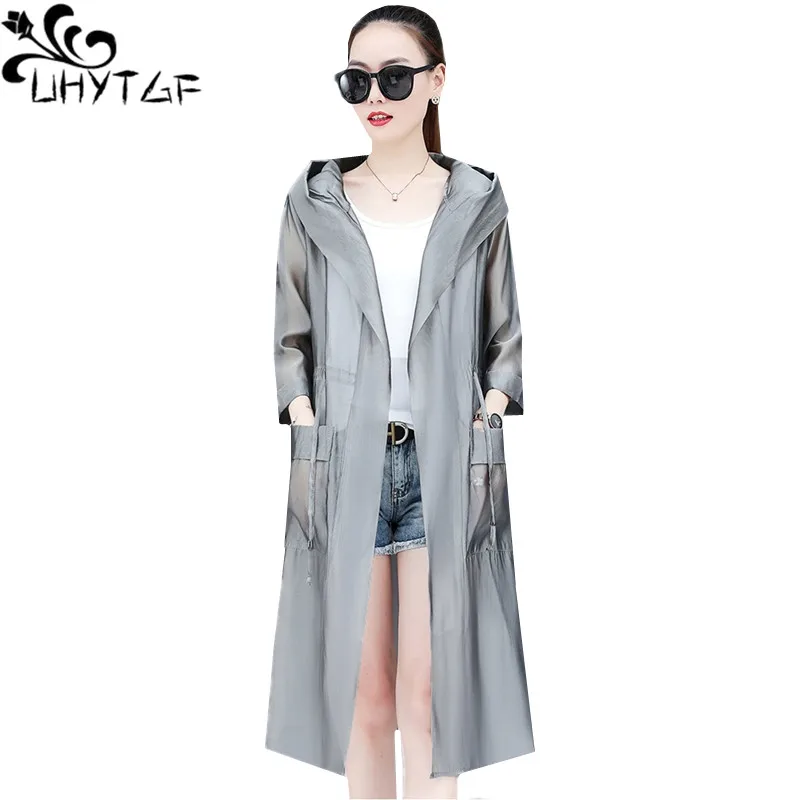 

UHYTGF Summer Coat Women's Fashion Hooded Beach Long Sun Protection Clothing Anti-UV Breathable Loose Thin Big Size Jacket 1673