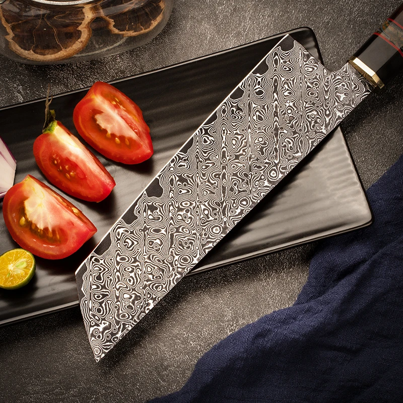 FZIZUO Damascus Steel Nakiri Vegetable Knife 8inch Desert Ironwood Handle Handmade Japanese Style Kitchen Chef Knife with Sheath