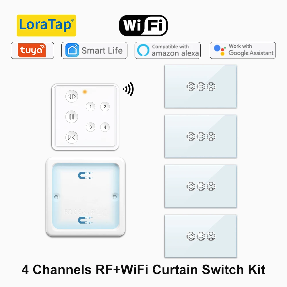 Tuya Smart Life EUA Cortina Interruptor, Controle Remoto, 4 Channel Blinds Motor, Obturador do rolo, RF + WIFI, App Timer, Google Home, Alexa, Eco