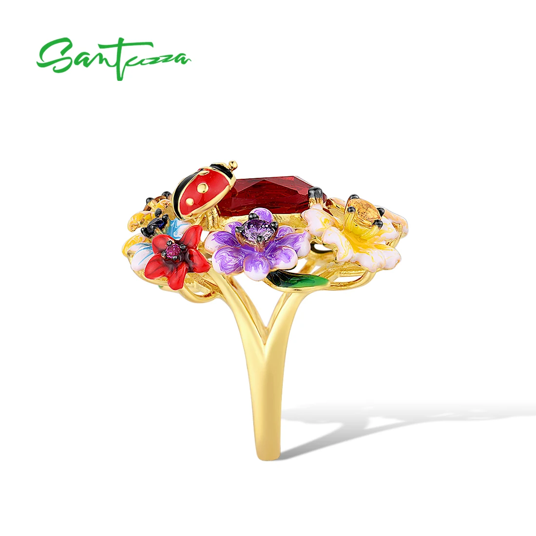 SANTUZZA Pure 925 Sterling Silver Rings For Women Colorful Flowers Ladybug Ring Sparkling Red Stone Handmade Enamel Fine Jewelry