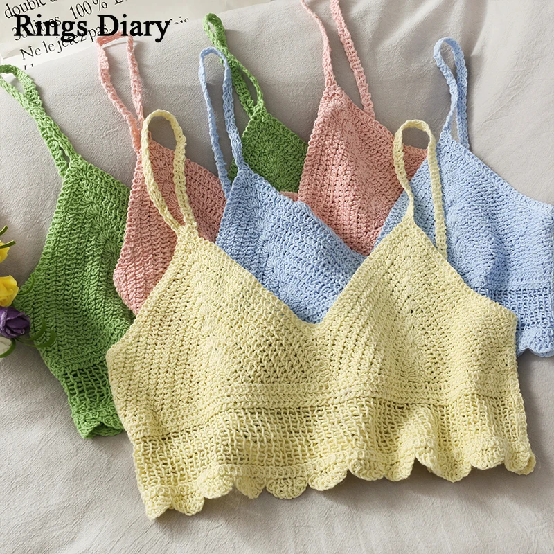 

Rings Diary Women Summer Crochet Crop Top V Neck Spaghetti Strap Candy Color Lettuce Edge Cute Top Backless Sexy Beachwear Top