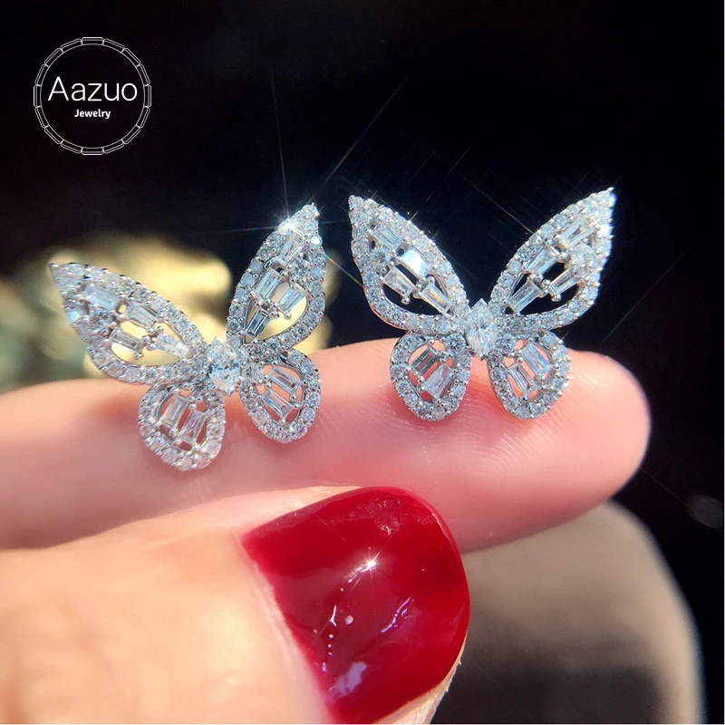 Aazuo Real 18K White Gold Real Diamonds 1.0ct Fairy Butterfly Stud Earrings Gifted For Women Advanced Wedding Party Au750