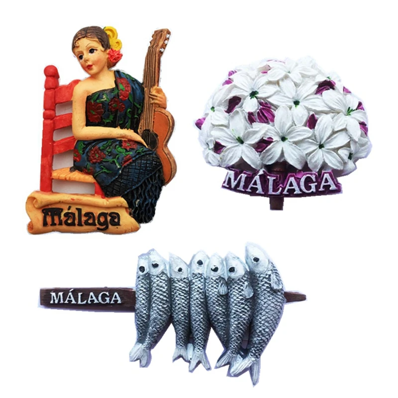 Spain Malaga Grilled Fish Flower Guitar Girl 3D Fridge Magnets Tourism Souvenirs Refrigerator Magnetic Stickers Home Decor