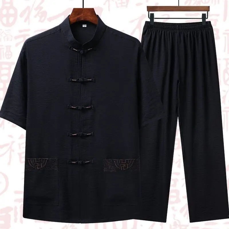 Conjunto de ropa tradicional china para hombres adultos, uniformes de Tai Chi y Kung Fu, ropa de lino de manga corta bordada, trajes chinos