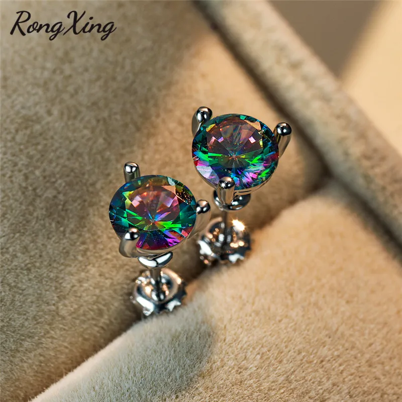 6MM Round Rainbow Zircon 3 Claw Spiral Stud Earrings for Women Multicolor Crystal Dainty Wedding Jewelry Gift