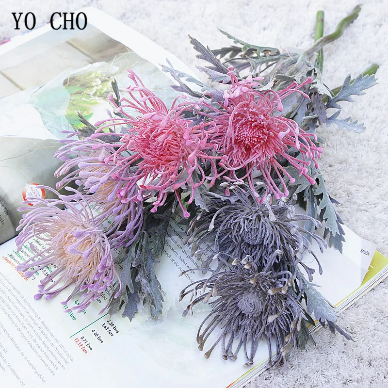 Yo cho flor artificial leucospermum decoração de casamento ramo curto catavento flor 2 garfo pino almofada flor casa flor falsa