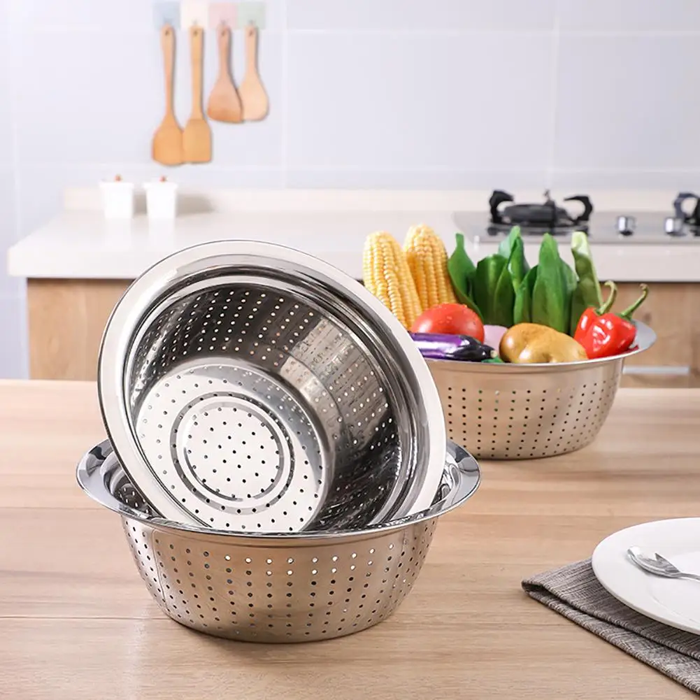 Kitchen Bowl Strainer Holes Washing Rice Sieve Strainer Fruits Vegetable Drain Bowl Stainless Steel Mesh Storage Basin Plate