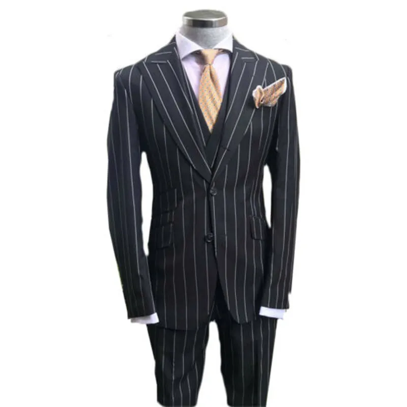 Business Men Suits Tailor-Made 3 Pieces Striped Black Men Suit Slim Fit Tuxedo Jacket Coat Groom Wedding Formal Prom Tailored