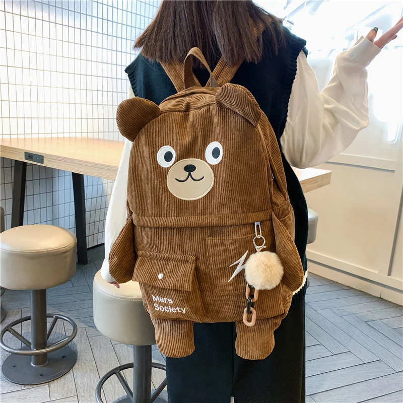 2021 New Cartoon Bear Corduroy Women Backpack Female Cute Stripe School Bag Luxury Embroidery Travel Backpacks For Teenage Girls